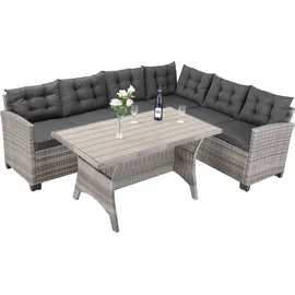 CASARIA CASARIA® Polyrattan Ecklounge Set WPC Esstisch Ecksofa inkl. 7 cm Sitzauflagen 15 cm Kissen Wetterfest Outdoor Lounge Garten Terrasse Balkon Möbel