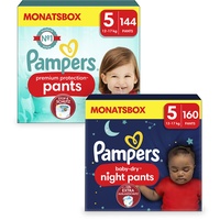 Pampers Night Windeln Pants Größe 5 (12-17kg, 160 Stück) Baby-Dry und Windeln Pants Größe 5 (12-17kg, 144 Stück) Premium Protection, Maxi mit Stop- und Schutz Täschchen, MONATSBOX