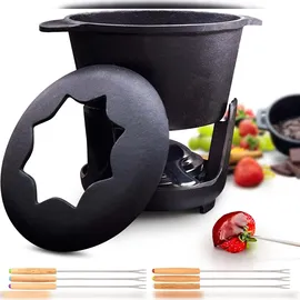 Bonvivre Gusseisen Fondue Set für 6 Personen - 1 Liter - Fondueset 13-teilig mit Brenner und 6 Gabeln - mit Emaille-Beschichtung - Schwarz