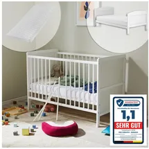 Kids Collective Babybett umbaubar zu Kinderbett 60x120 cm mit Matratze und Lattenrost, Raufallschutz Vollholz 120 x 60, weiss sehr stabil Made in Europe weiß
