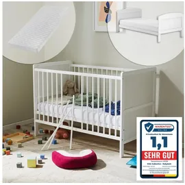 Kids Collective Babybett umbaubar zu Kinderbett 60x120 cm mit Matratze und Lattenrost, Raufallschutz Vollholz 120 x 60, weiss sehr stabil Made in Europe weiß