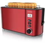 Arendo Toaster Edelstahl, Langschlitz, Display mit Restzeitanzeige, Krümelschublade, 2 lange Schlitze, für 4 Scheiben, 1500 W, Defrost Funktion, Wärmeisolierendes Gehäuse, mit Brötchenaufsatz rot