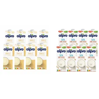 Alpro Sojadrink Vanille Pflanzlicher Drink Vegan 8x1L & Sojadrink Ohne Zucker Natur Pflanzlicher Drink Vegan 1l (8er Pack)
