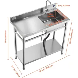Vevor Spültisch Spülbecken Edelstahl (100 x 50 x 94 cm), Einzelbecken mit Wasserhahn & Ablage, Küchenspüle für Garage Restaurant Wäscherei, Waschtisch Außenspüle mit Arbeitsplatte (links)