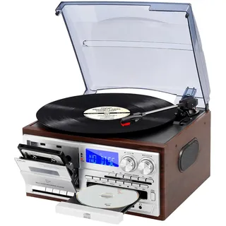 JORLAI 9-in-1 Plattenspieler Vintage Record Player mit Bluetooth, CD, Kassette, AM/FM-Radio, USB/SD-Kodierung, Aux Eingang, RCA Line Out Silber