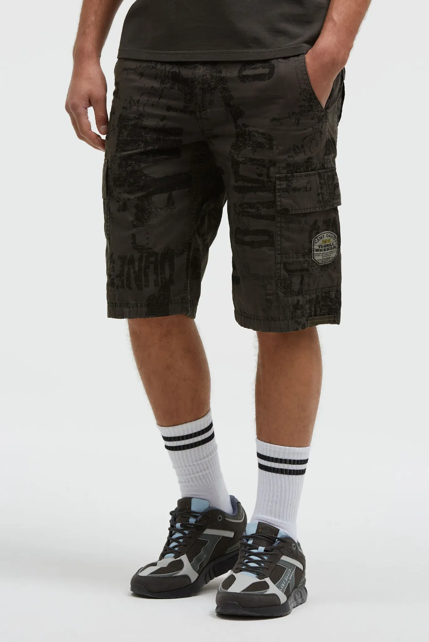 Shorts CAMP DAVID, Herren, Gr. 3XL, Normalgrößen, schwarz (schwarz wood), Rippware, Material: 100% Baumwolle, bedruckt, regular fit knielang, Hosen Shorts, mit All Over Print