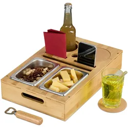 Relaxdays Couchbar, Bambus, Edelstahlschale für Snacks, Getränke- & Weinglashalter, Untersetzer, Couchorganizer, natur