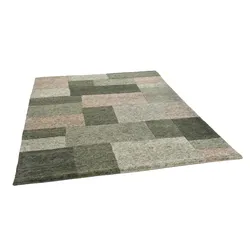 Wollteppich THEKO "Dalas - 7709", grün, B:70cm H:18mm L:140cm, Schurwolle, Teppiche, reine Wolle, handgeknüpft, Patchwork Design