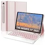 IVEOPPE Tastatur für Samsung Galaxy Tab S9 FE 10.9"/S9 11", Hülle mit Tastatur für Samsung Tab S9/S9FE 2023, Bluetooth Magnetisch 7-Farbige Beleuchtung QWERTZ Touchpad Tastatur Galaxy S9 Tablet, Rosa