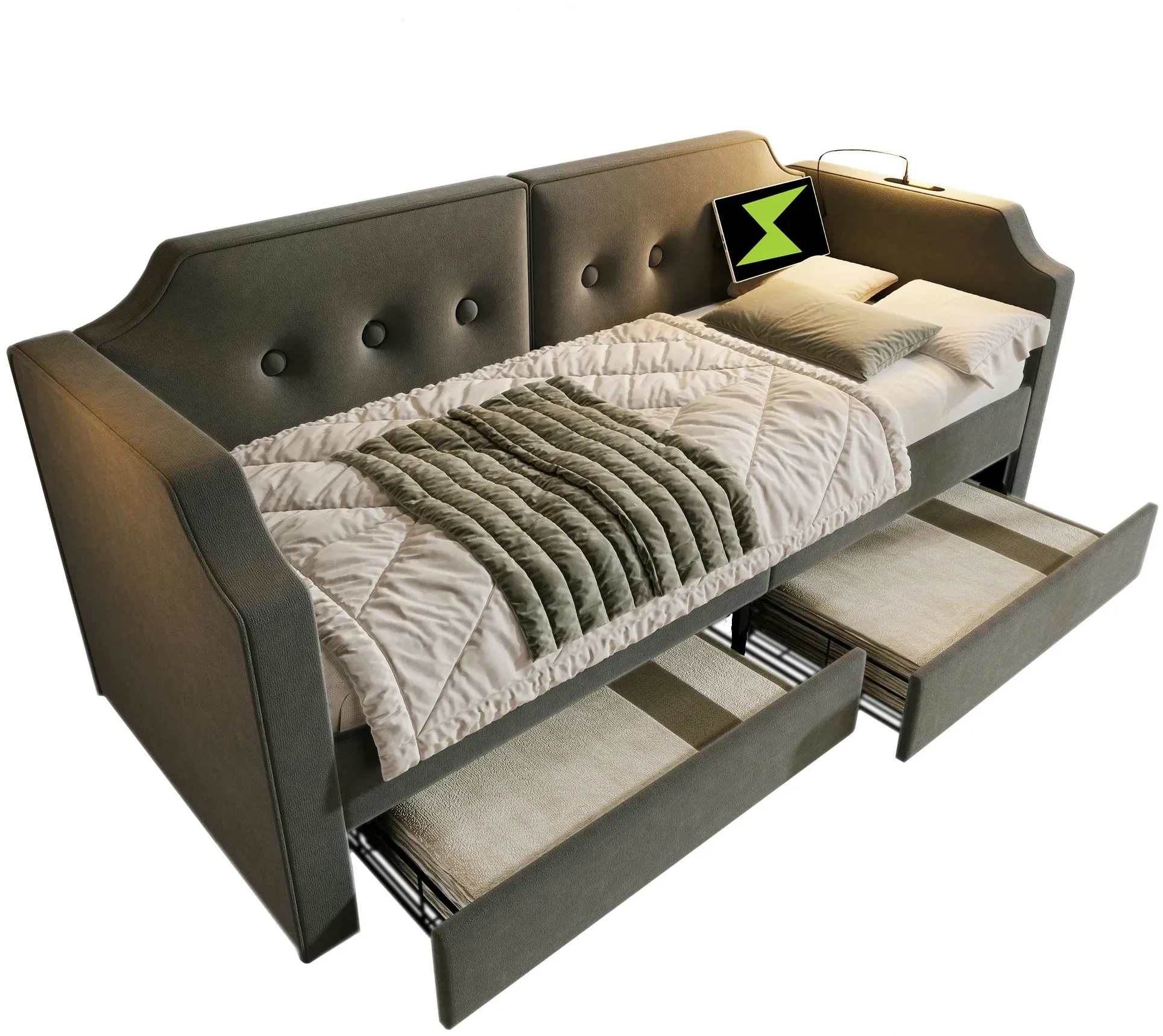 Merax Daybett Polsterbett Schlafsofa 90x200cm 2 Schubladen/ Leselicht/ Ladefunktion, Grau