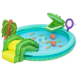 BESTWAY Wasserspielcenter Krokodil, 224 x 181 x 72 cm, 2 Jahren, Wasserrutsche, Sprinkler, Krokodil-Design, inklusive Kescher, Spielfische und Spielbälle, PVC, bis 45 kg, 210 Liter