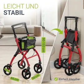 Juskys Aluminium Wohnungsrollator Aktiv mit Tasche und Tablett schmal faltbar rot