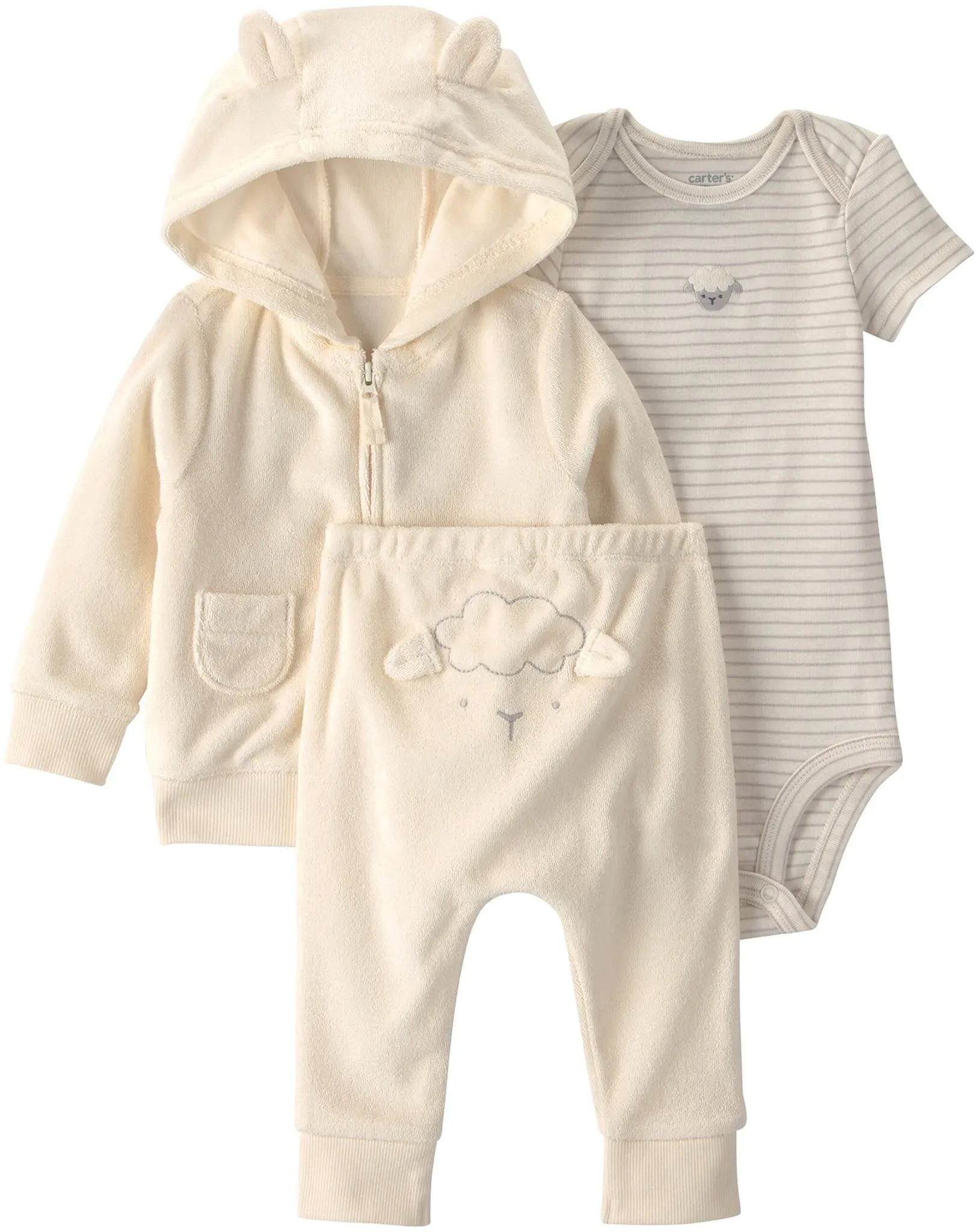 Carter's 3-tlg. Set Body kurzarm, Sweatjacke und Jogginghose Frottee Schaf, natur, 68