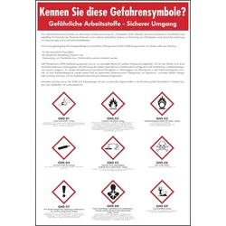 Aushang, Gefährliche Arbeitsstoffe - Sicherer Umgang - GHS Symbole - 410x595x1.5 mm Kunststoff