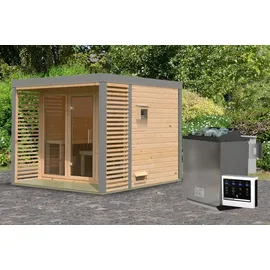 Karibu 38 mm Saunahaus Ares 3 Naturbelassen/Graualuminium inkl. 9 kW Ofen Bio + ext. Steuerung