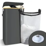 VOUNOT Wäschekorb mit Deckel 100L, Faltbarer Wäschesammler mit Herausnehmbar Wäschesäcke, Laundry Baskets Wäschebox Schmal, Grau