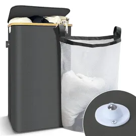 VOUNOT Wäschekorb mit Deckel 100L, Faltbarer Wäschesammler mit Herausnehmbar Wäschesäcke, Laundry Baskets Wäschebox Schmal, Grau