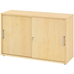 bümö Schiebetürenschrank 2OH - Aktenschrank abschließbar, Sideboard Schrank mit Schiebetüren in Ahorn, Chromgriff - Büroschrank aus Holz mit