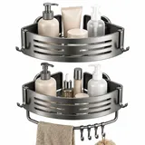Nordkai Duschregal Ecke Ohne Bohren, 2er Set Duschablage mit Saugnapf, Aluminium Rostfrei, Eckregal Dusche mit Handtuchstange & 4 Haken, für Fliesen Glas Marmor, Bad & Küche