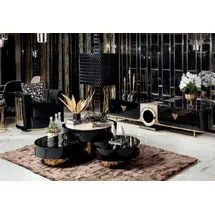 JV Möbel Wohnzimmer Set 5tlg Sessel, Couchtisch Sideboard mit Spiegel Vitrine, Luxus Holz