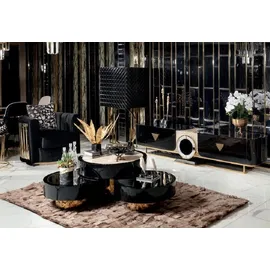 JV Möbel Wohnzimmer Set 5tlg Sessel, Couchtisch Sideboard mit Spiegel Vitrine, Luxus Holz