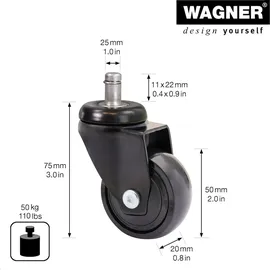 Wagner System WAGNER 360° - 3C Rollen 5tlg. Set - 50 mm, soft, Kugellager, Steckstift 11x22 mm, Tragkraft je 50 kg, Mit Gewindestift, 5 Stk., schwarz,