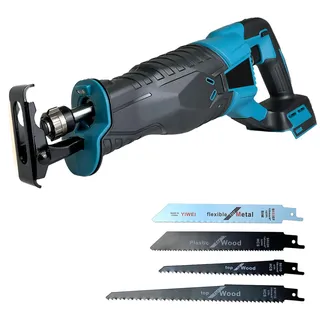 Akku-Säbelsäge kompatibel mit Makita 18V Akku BL1850b DJR186ZK, mit 4 Sägeblättern, 3500 U/min, säbelsägen mit variabler Geschwindigkeit zum Schneiden von Holz, Metall und PVC, Keine Batterie