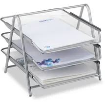 Relaxdays Dokumentenablage aus Metall, 3 Fächer, Mesh Design Schreibtischablage für A4 silber,