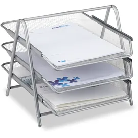 Relaxdays Dokumentenablage aus Metall, 3 Fächer, Mesh Design Schreibtischablage für A4 silber,