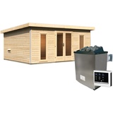 Woodfeeling Karibu Saunahaus Mainburg 4 mit Vorraum - 38 mm naturbelassen Set A (Sauna B 2 x T 1,7 m mit 2 Liegen 57 cm) 9 kW Ofen inkl. Steuergerät, inkl. 8-teiligem gratis Zubehörpaket (Gesamtwert 191,92€)