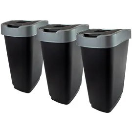3er Set 50 l Abfalleimer mit Schwingdeckel 56x29x39 cm, Farbe: schwarz/silber