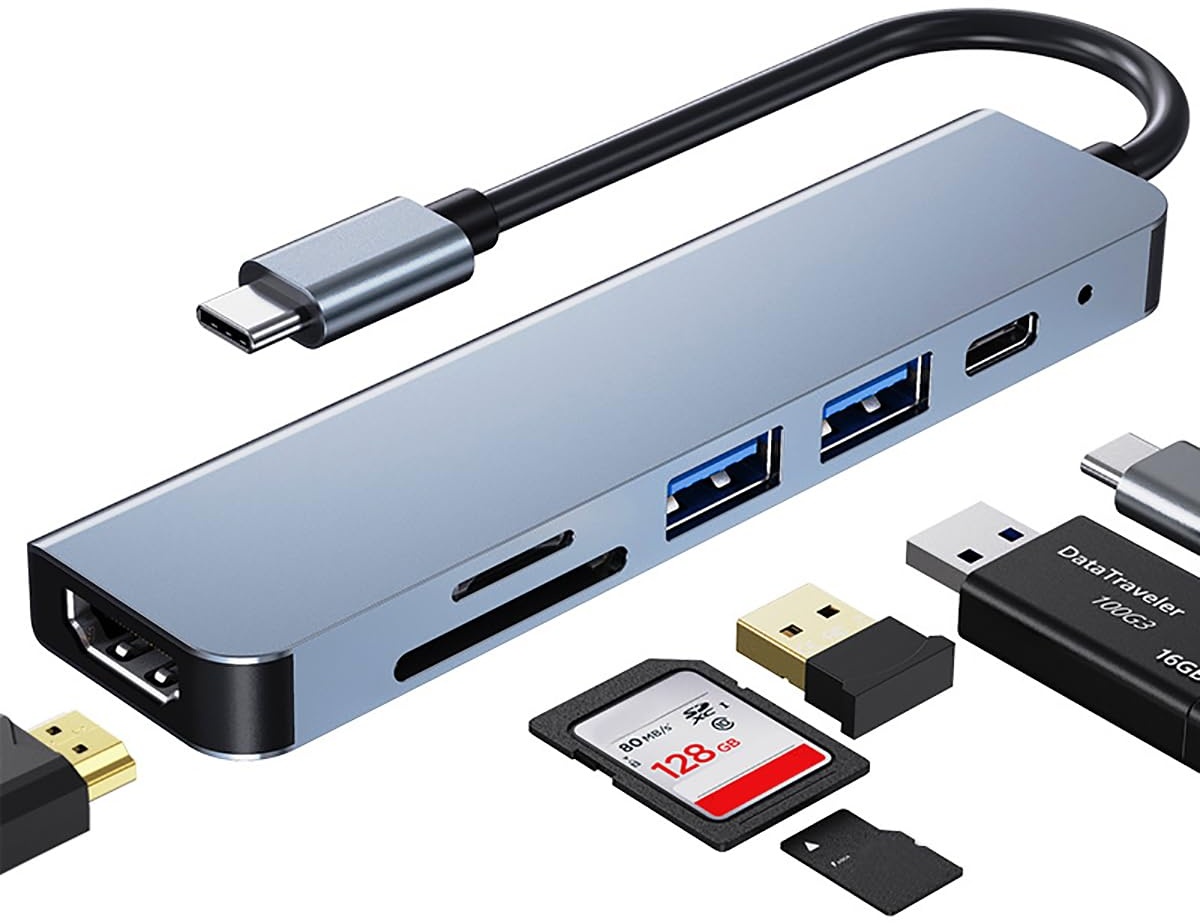 USB c hub, Multi Port USB C Adapter für MacBook Pro, 6 in 1 USB C zu HDMI Hub, kompatibel mit USB C Laptops und Anderen Typ-C Geräten (4K HDMI USB3.0 USB2.0 SD/TF-Kartenleser 87W PD)