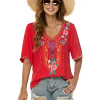 drakloak Boho Stickerei Bluse Hippie Kleidung Damen Bohemian Folklore Stickerei Bluse Kurzarm V Ausschnitt Tunika Sommer LäSsige Oberteil(443 RD 2XL) - XXL