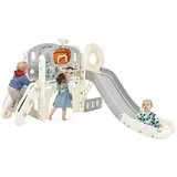 ZREE Indoor-Rutsche mit langer Rutsche, Aufbewahrungsbox, Treppenleiter, Basketballkorb, (Kinder Spielplatz Gartenrutsche Kombi-Rutsche für Kinder, Kinder Spielplatz für In-und Outdoor,Hinterhof Baby Rutsche Set), 7 in 1 Spielzentrum,Rutsche,Treppenleiter,Teleskop,Tunnel, Wurfring grau