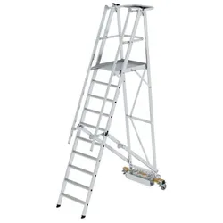 Podestleiter 10 Stufen, fahrbar, Aluminium/Aluminium