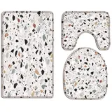 A.Monamour Badezimmer Badematte 3 Teilig Set Stein Terrazzo-Böden Textur Hintergründe Abstrakte Muster Kunst Dekore Flanell Saugfähig Badteppiche Badvorleger Badgarnitur WC Vorleger