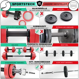 Sportstech Hantel AH300 2in1 Set Kurzhanteln 30 kg abnehmbare Silikonüberzüge schwarz|grau|rot