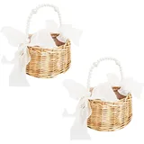 2 Stück Wicker Rattan Blumenmädchen Korb Blumenkorb mit henkel und Schleife Blumenkörbe Geflochtener Korb für Die Hochzeit Blumen (Garn B)
