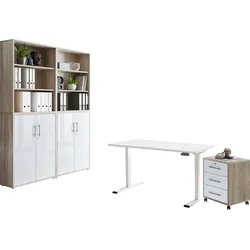 Büromöbel-Set BMG MÖBEL "Tabor", beige (eiche sonoma, weiß matt, tisch weiß), Metall, Holzwerkstoff, Arbeitsmöbel-Sets, mit elektrisch höhenverstellbarem Schreibtisch
