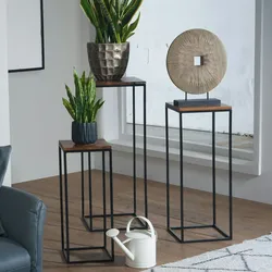 Kadima Design 3er Set Sheesham Massivholz Beistelltische, Metallgestell, Modern, Vielseitig. 35x35x92 cm