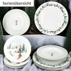 12tlg. Teller Set Chalet 4 Personen Porzellan Teller klein, groß & tief Winter
