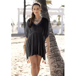 Tunika LASCANA, Damen, Gr. 32/34, schwarz, Cru00eape, Web, Obermaterial: 100% Viskose, unifarben, modisch, figurumspielend Po-bedeckend, V-Ausschnitt, Kurzarm, Tuniken, aus gekreppter Viskose, Blusenkleid, Strandmode, transparent