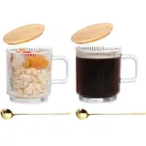 Anhow 2er Cappuccino Tassen, 350ml Latte Macchiato Gläser Vertikale Streifen Kaffeegläser mit Deckel und Löffel für Latte/Cappuccino/Getränke/Tee/Kaffee