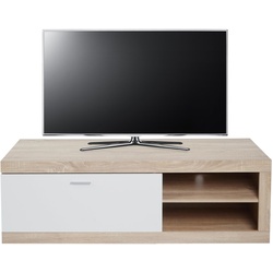 TV-Rack HWC-L33, TV-Board Fernsehtisch Lowboard TV-Schrank Kommode, Holz 43x140x41cm Staufach, Eiche-Optik, wei√ü