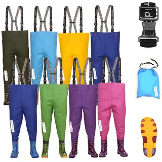 3Kamido Kinderwathose, Jugendliche Kinder Brust Wathose - 10 Modelle, verstellbare Taille, strapazierfähige Hosenträger, Schnalle Nexus, Kinder Angeln Stiefel 20 – 35 EU (Enten Gelb, 28/29)