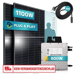 SUNNIVA® Balkonkraftwerk 1100/800W Solaranlage mit 800W Beny Micro Wechselrichter, upgradebar drosselbar, 2 x 550W Solarmodule, 5m Anschlusskabel, Solarkabel, Photovoltaikanlage, PV, genehmigungsfrei