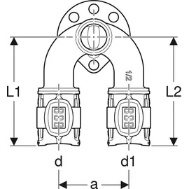 Geberit FlowFit Doppelanschlusswinkel 90 bleifreier Rotguss 16mm-1/2"-16mm L 52mm