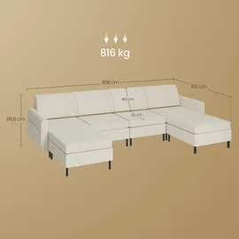 VASAGLE Modulares Sofa, U-förmiger Couch, 7-Sitzer, Schlafsofa mit Fußmodulen, tiefe Sitze - Weiß