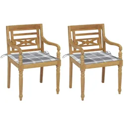vidaXL 2x Teak Massiv Batavia Stuhl Graue Karomuster-Kissen Gartenstühle Gartenstuhl Gartensessel Stühle Gartenmöbel Sessel Essstuhl Holzstuhl