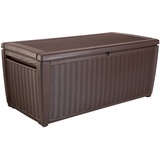 Keter Sumatra Auflagenbox, Kissenbox für draußen, 511 L, wetterfest, Deckel mit Gasdruckfeder, Außenmaße:145x73x64 cm, Sitzgelegenheit für 2 Personen, Braun